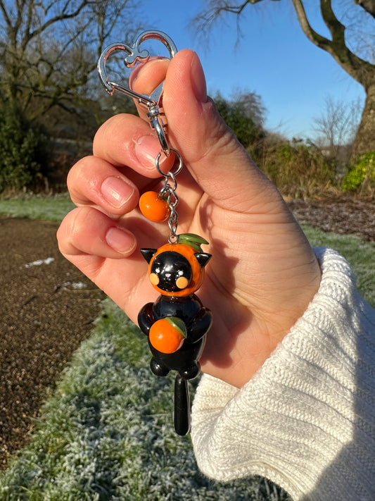 Orange Fruit Black Cat Keychain