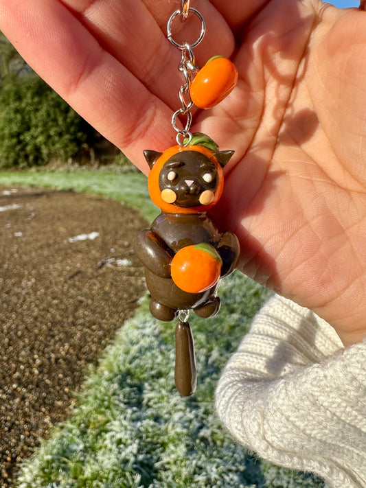 Orange Fruit Brown Cat Keychain