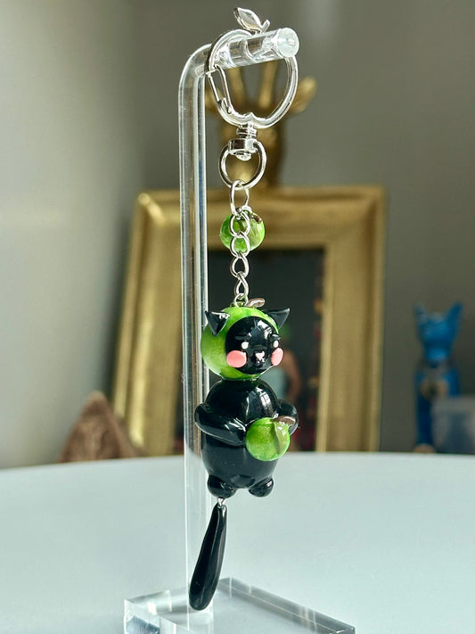 Apple Fruit Black Cat Keychain