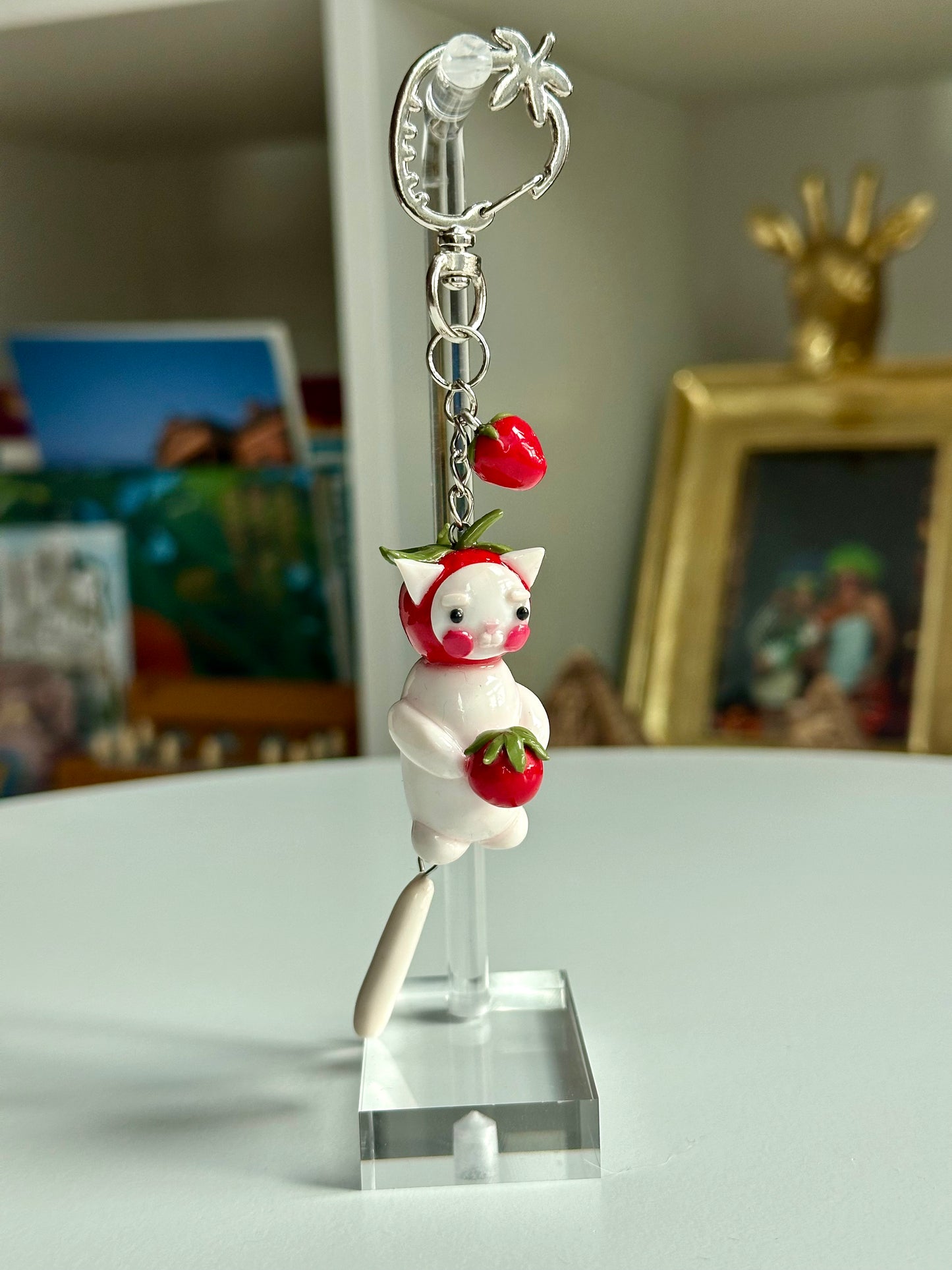 Strawberry Fruit White Cat Keychain