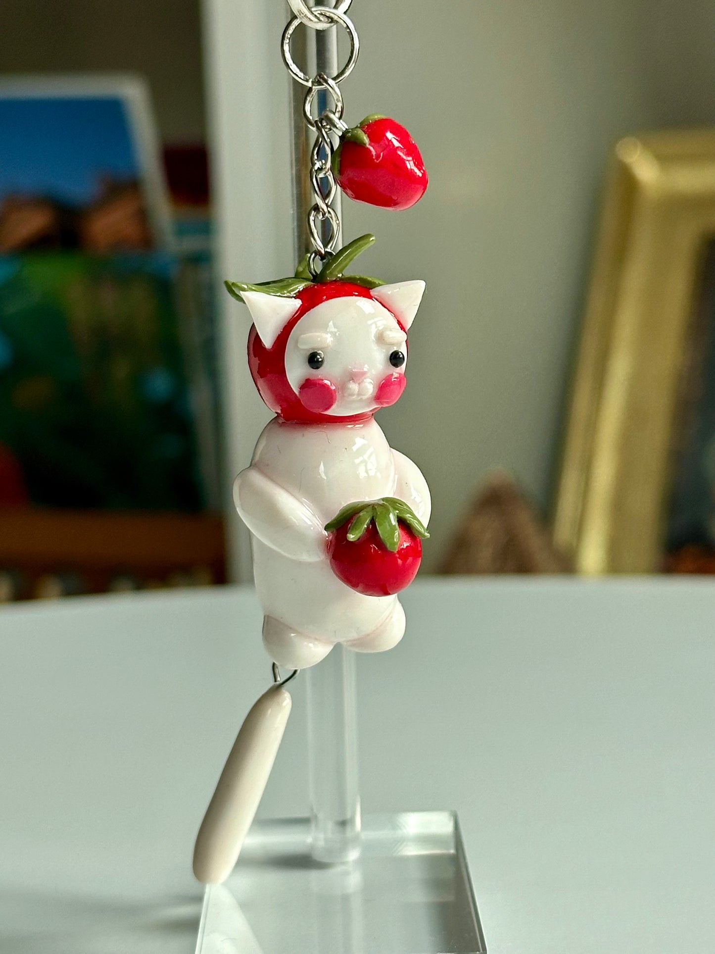 Strawberry Fruit White Cat Keychain