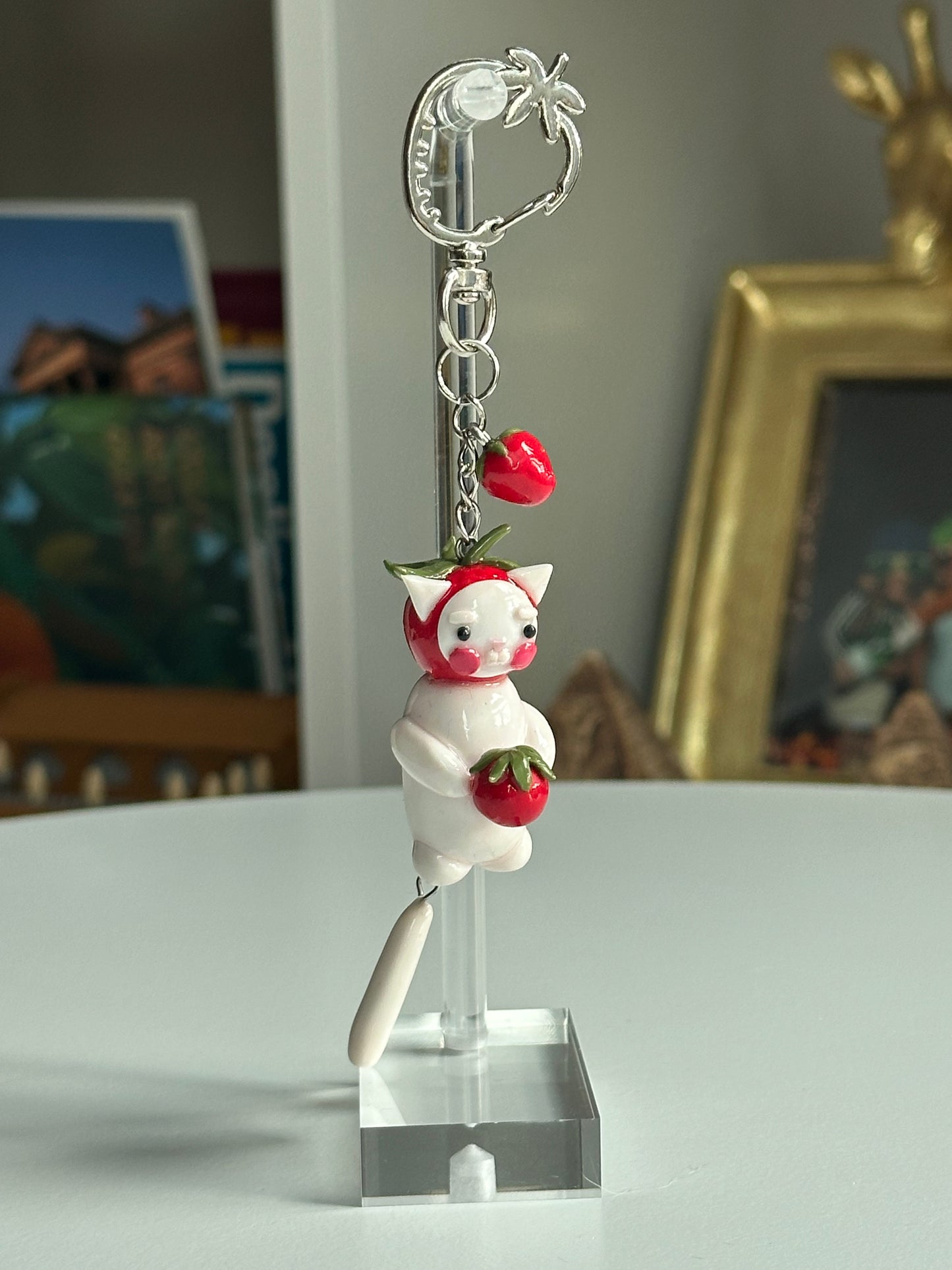 Strawberry Fruit White Cat Keychain