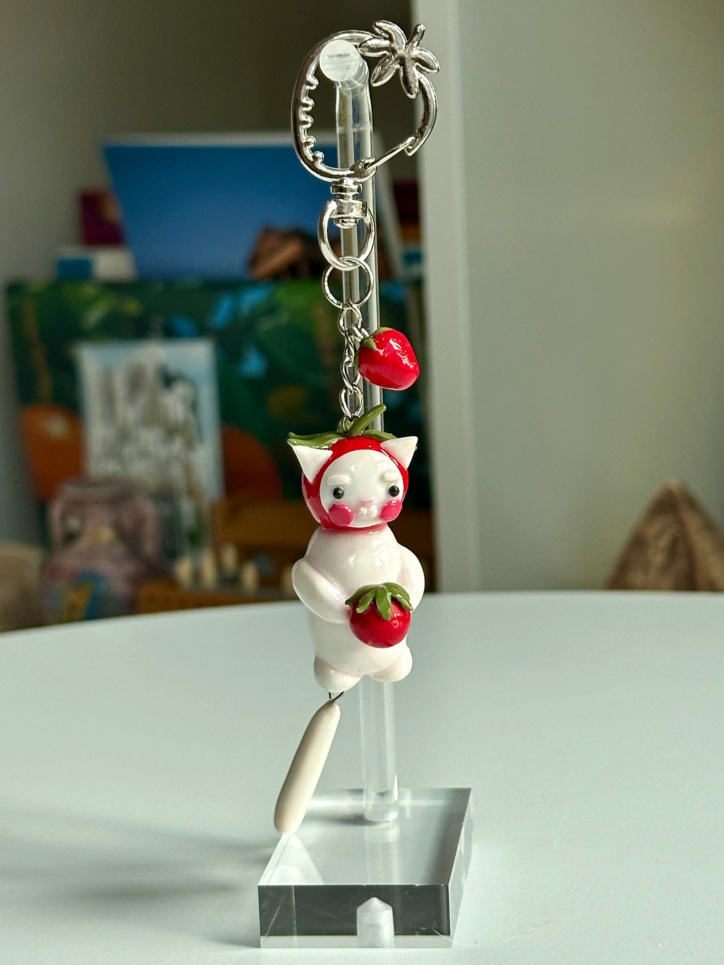 Strawberry Fruit White Cat Keychain