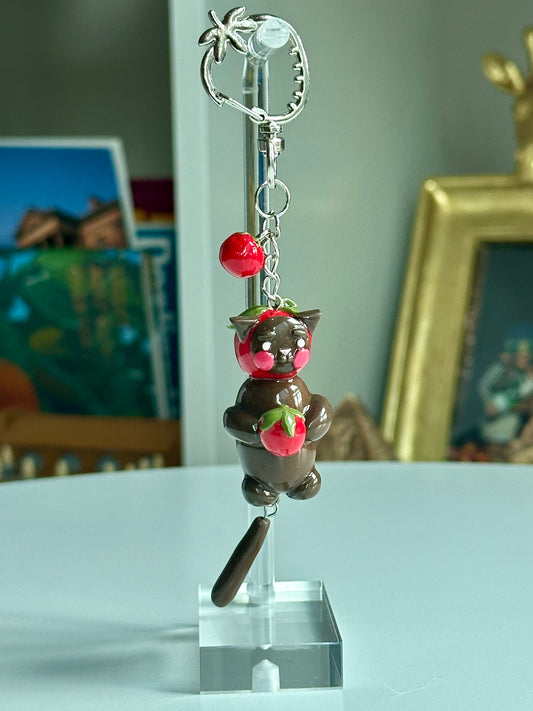 Strawberry Fruit Brown Cat Keychain