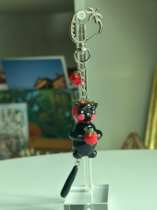 Strawberry Fruit Black Cat Keychain