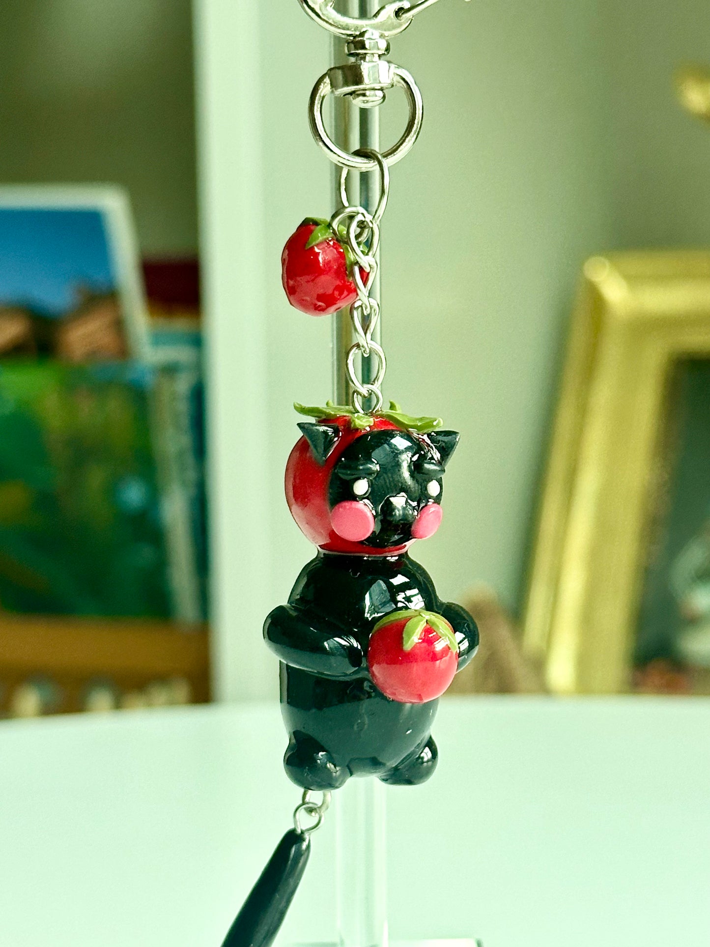 Strawberry Fruit Black Cat Keychain