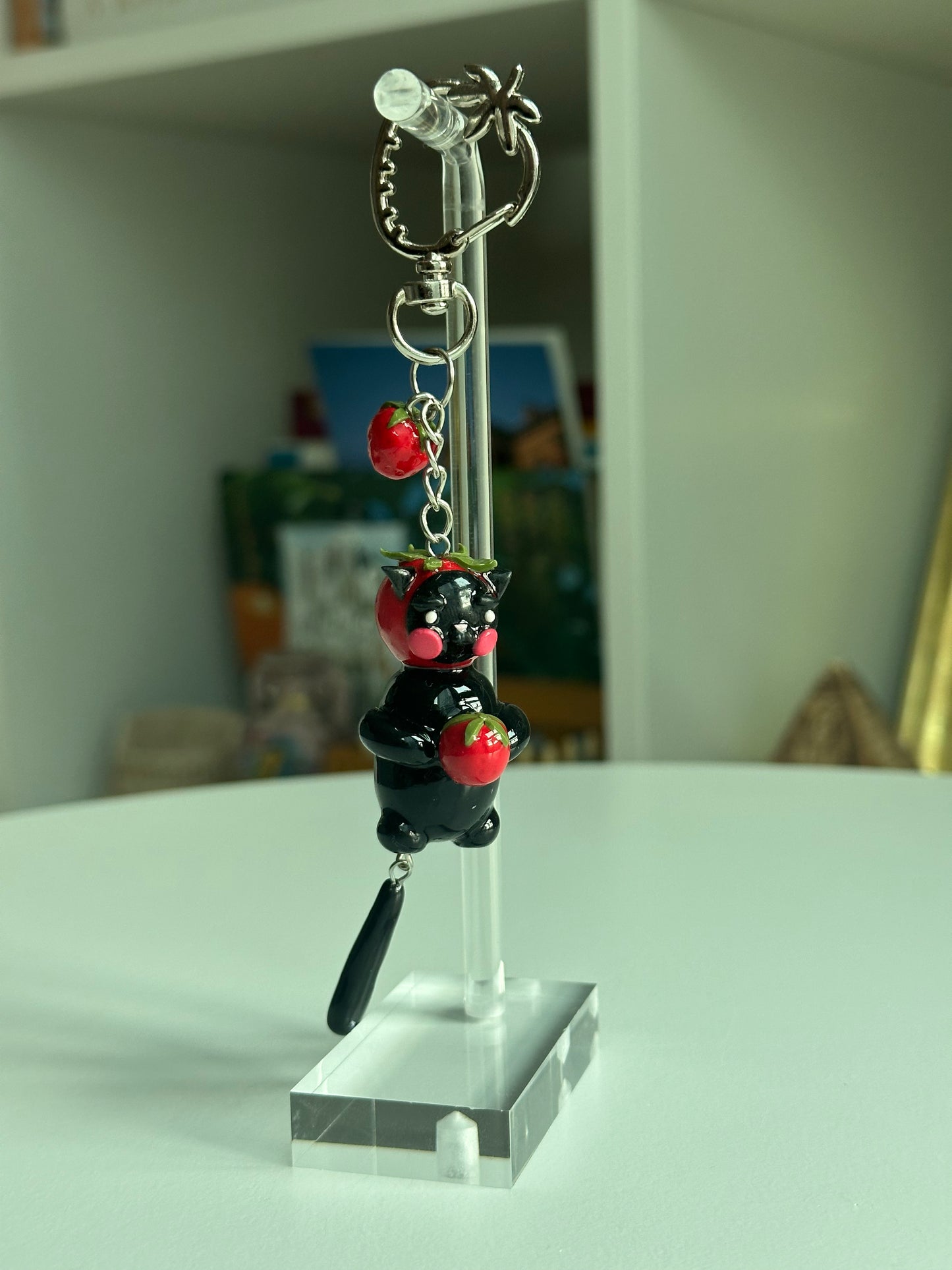 Strawberry Fruit Black Cat Keychain