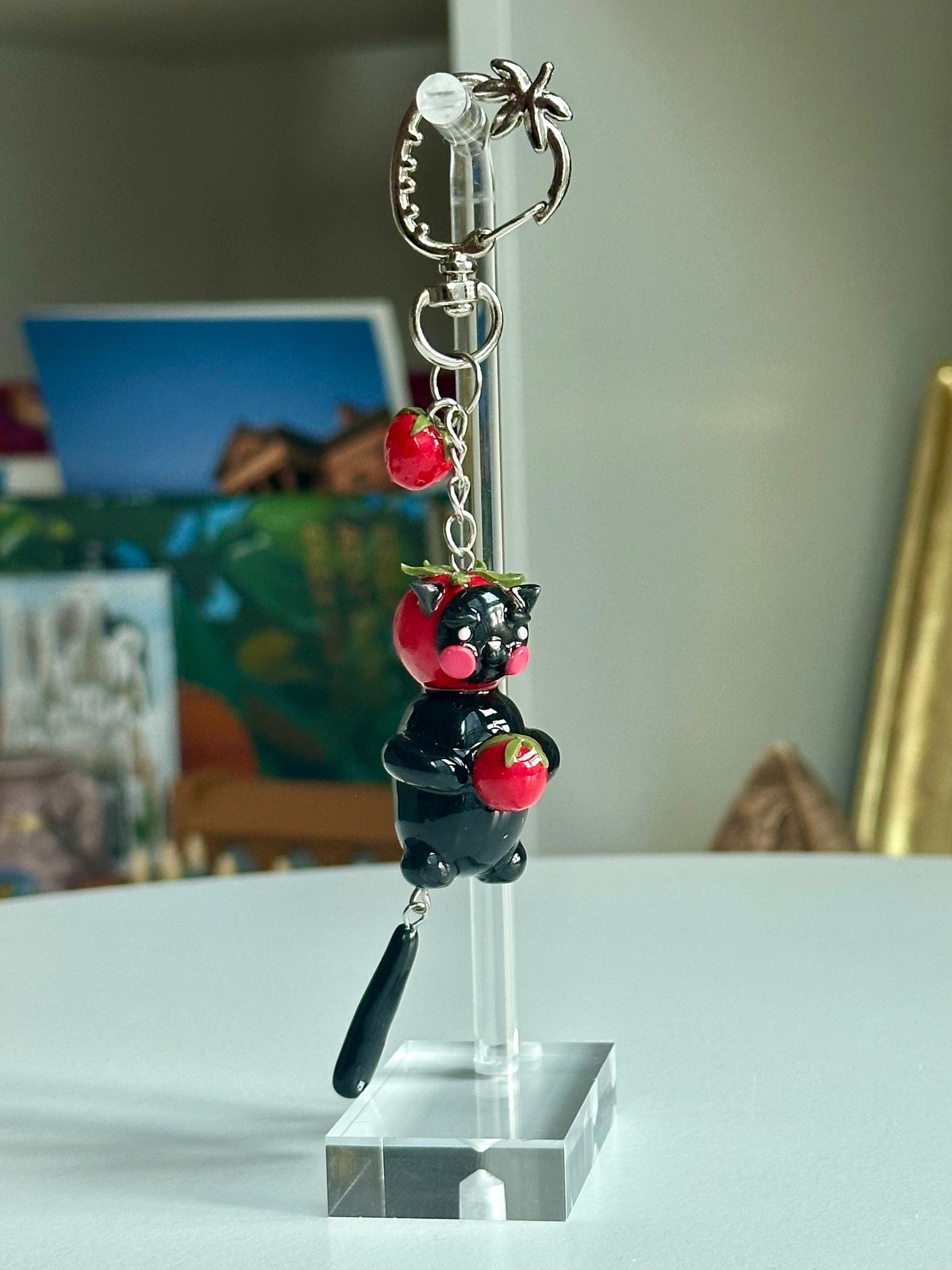 Strawberry Fruit Black Cat Keychain