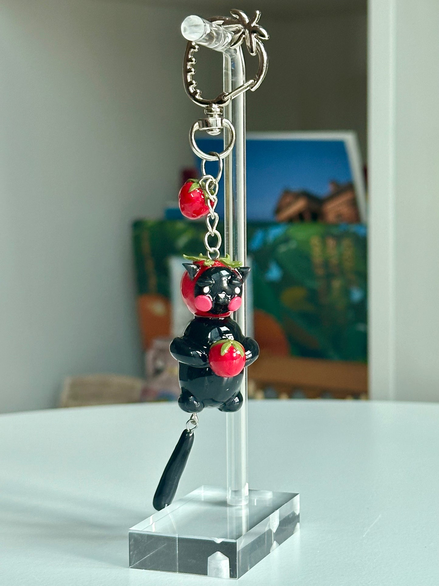 Strawberry Fruit Black Cat Keychain