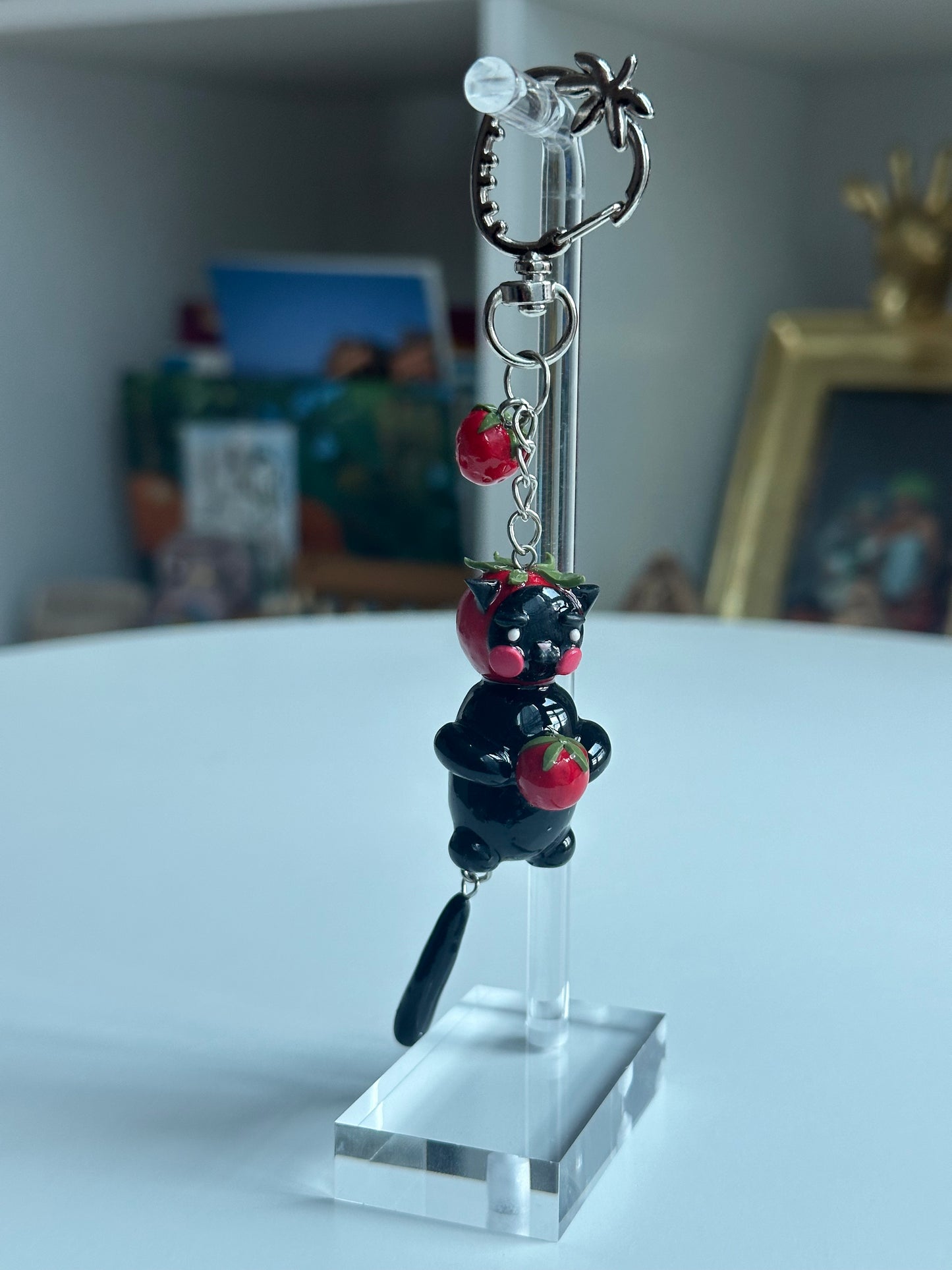 Strawberry Fruit Black Cat Keychain