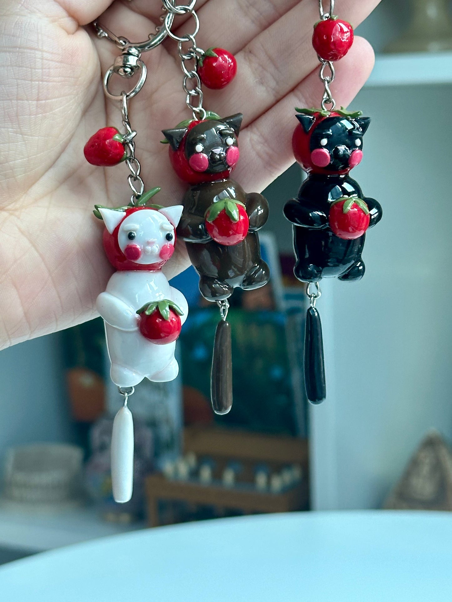 Strawberry Fruit White Cat Keychain